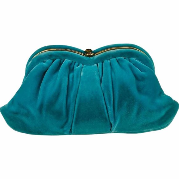 L and M Handbags - Vintage 1940s Turquoise Velvet Clutch Bag with coin purse and mirror